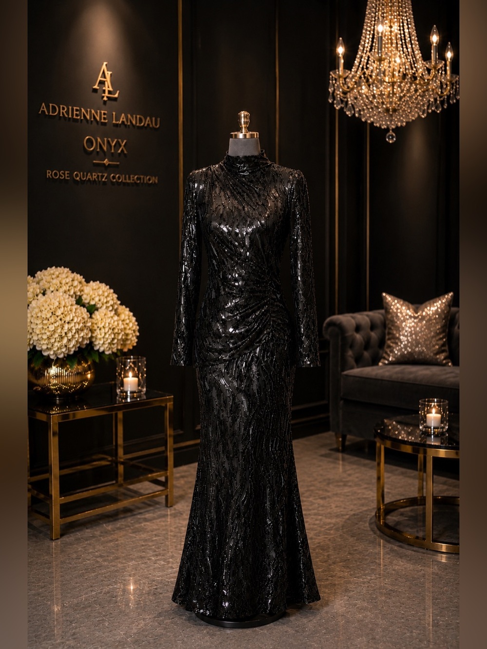NWT Adrienne Landau ONYX Black Sequin Mermaid Evening Set Glam Cocktail Gown